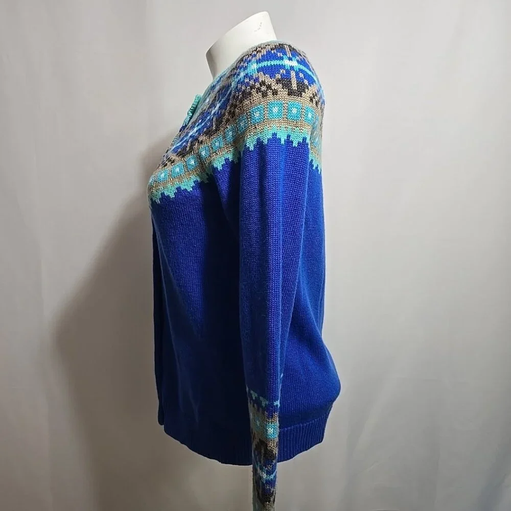 Talbots Nordic Fair Isle Cardigan Sweater Womens Size XS Lambswool Blend Blue - Picture 2 of 8